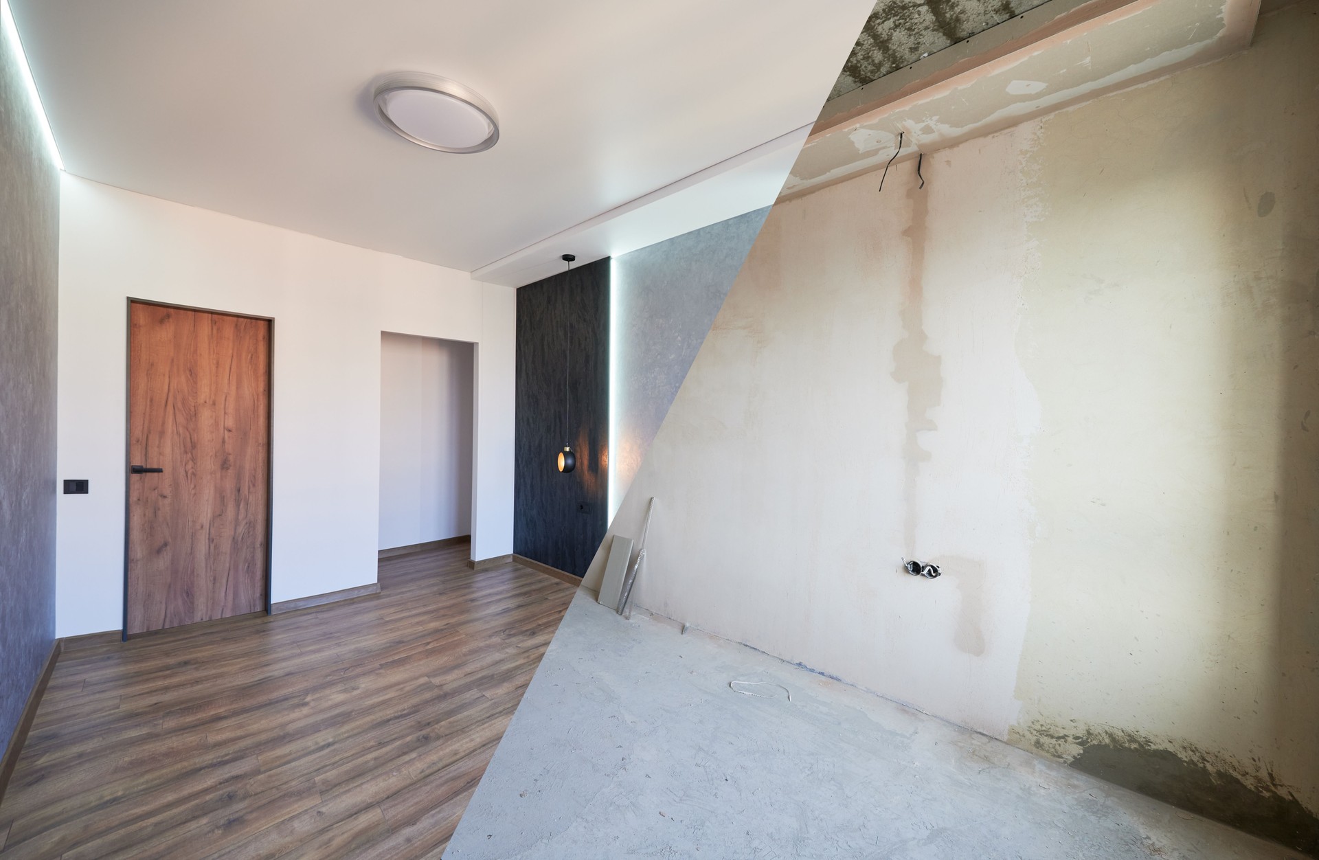 Photo collage of apartment before and after restoration.