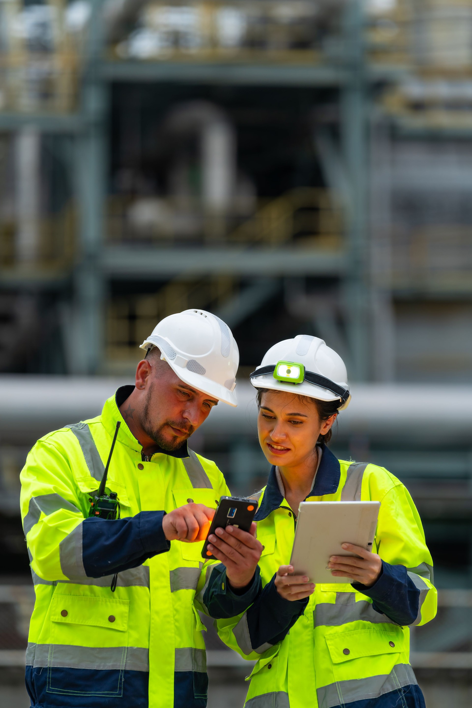 Petrochemical engineer team working at construction site.